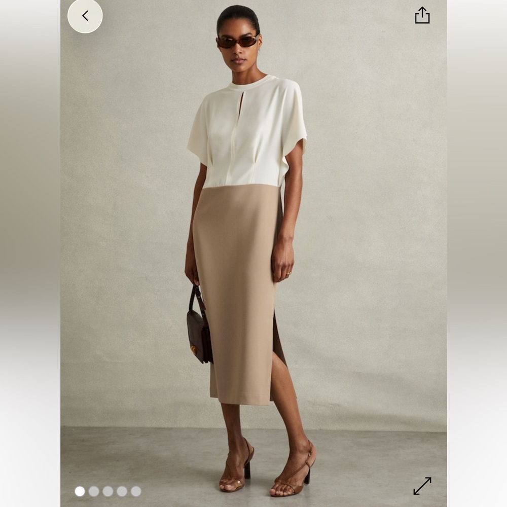 NWT Reiss Miller Ivory/Stone Colourblock Draped Sleeve Midi Dress Size 12